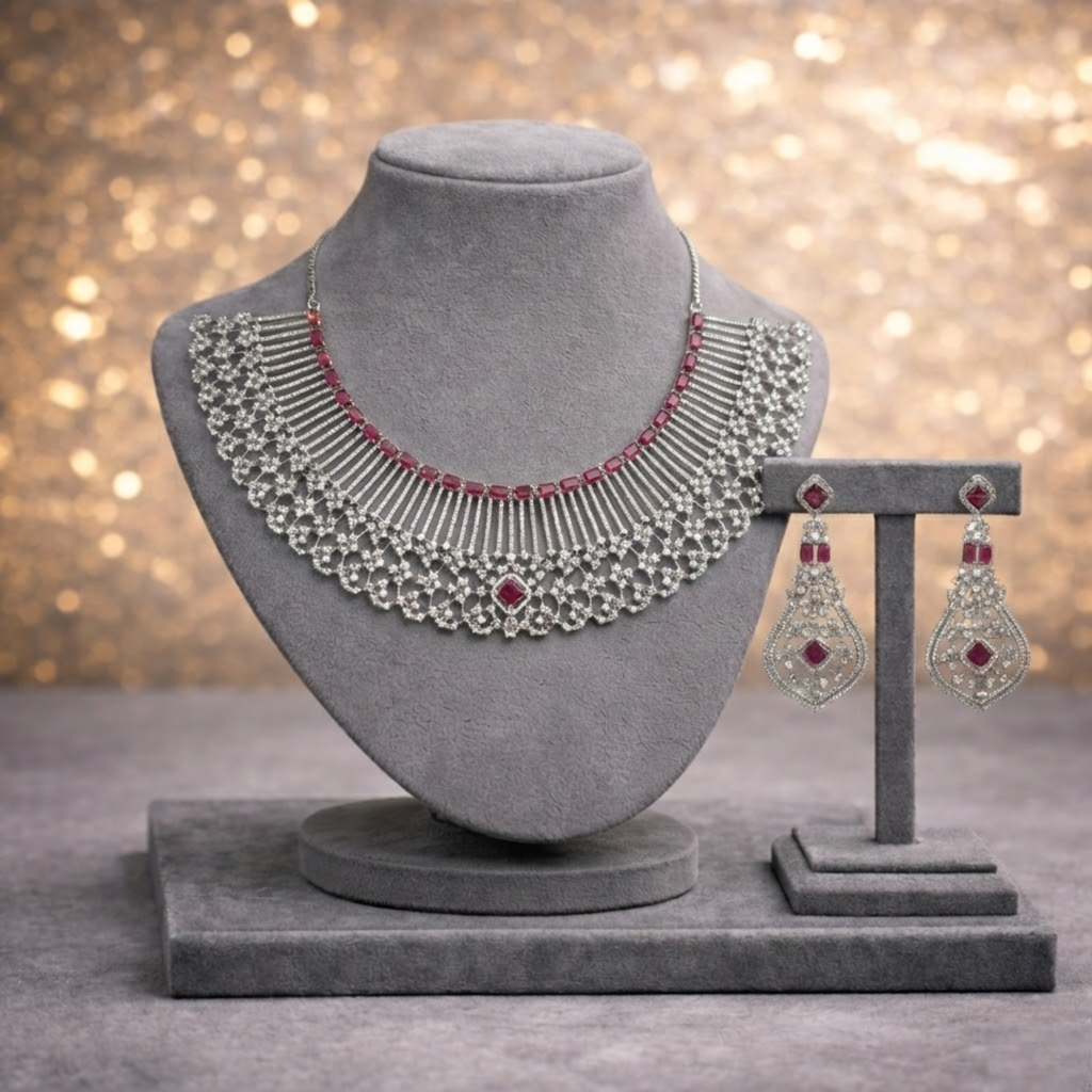 Rani Pink American Diamond Necklace Set with Earrings