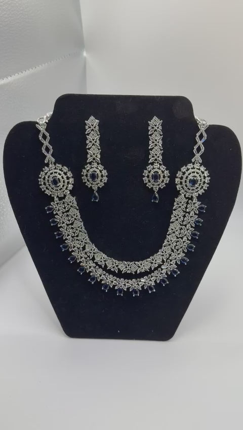 Navy Blue American Diamond Necklace & Earrings Set