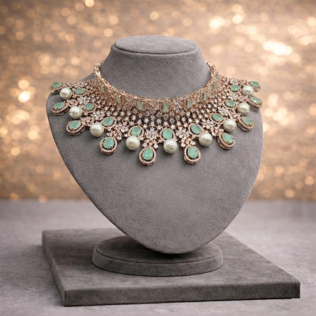 Mint Rose Gold Cocktail Necklace Set with Earrings & Tikka