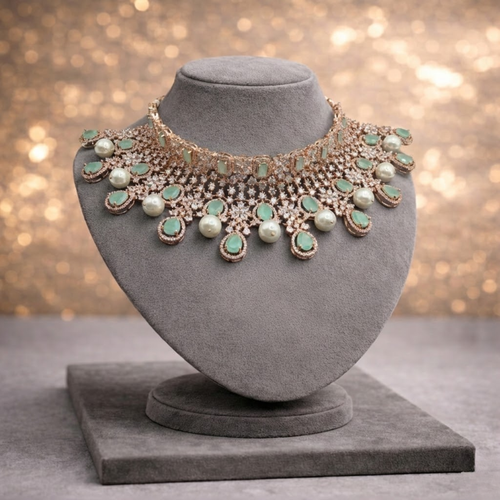 Mint Rose Gold Cocktail Necklace Set with Earrings & Tikka