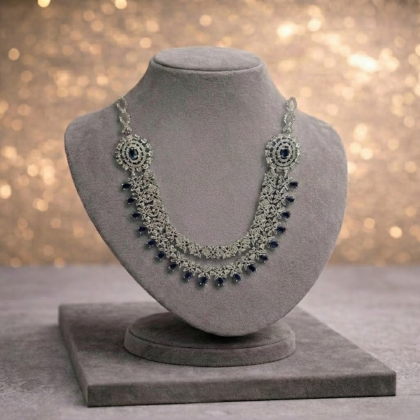 Navy Blue American Diamond Necklace & Earrings Set