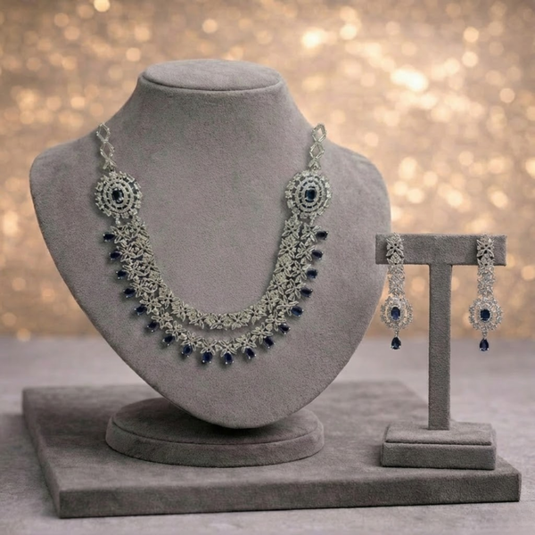 Navy Blue American Diamond Necklace & Earrings Set