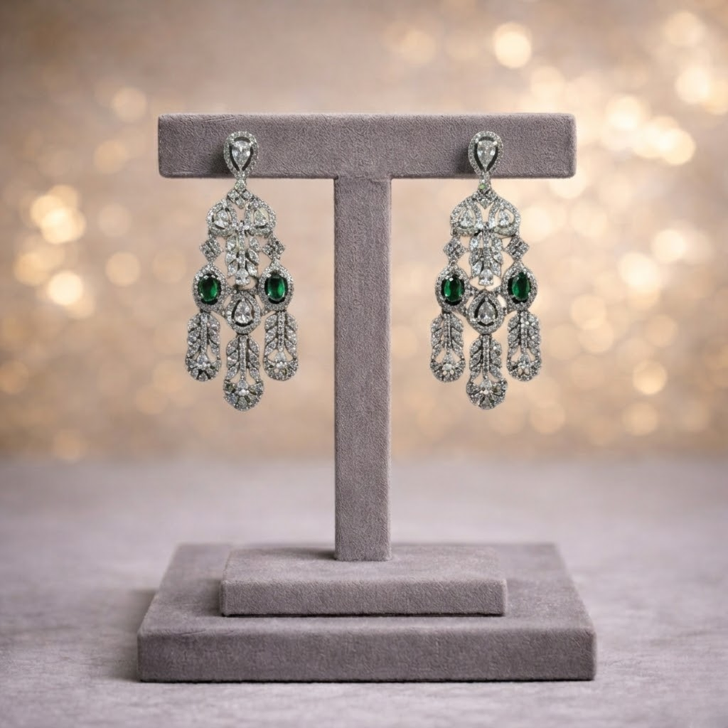 Emerald Green Cocktail American Diamond Necklace Set with Elegant Earrings