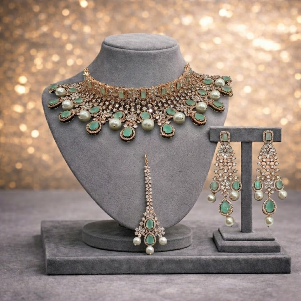 Mint Rose Gold Cocktail Necklace Set with Earrings & Tikka