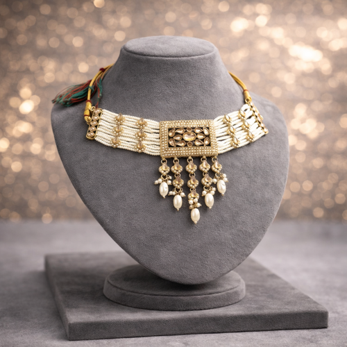 Luxury White & Champagne Gold Bridal Choker Jewellery Set