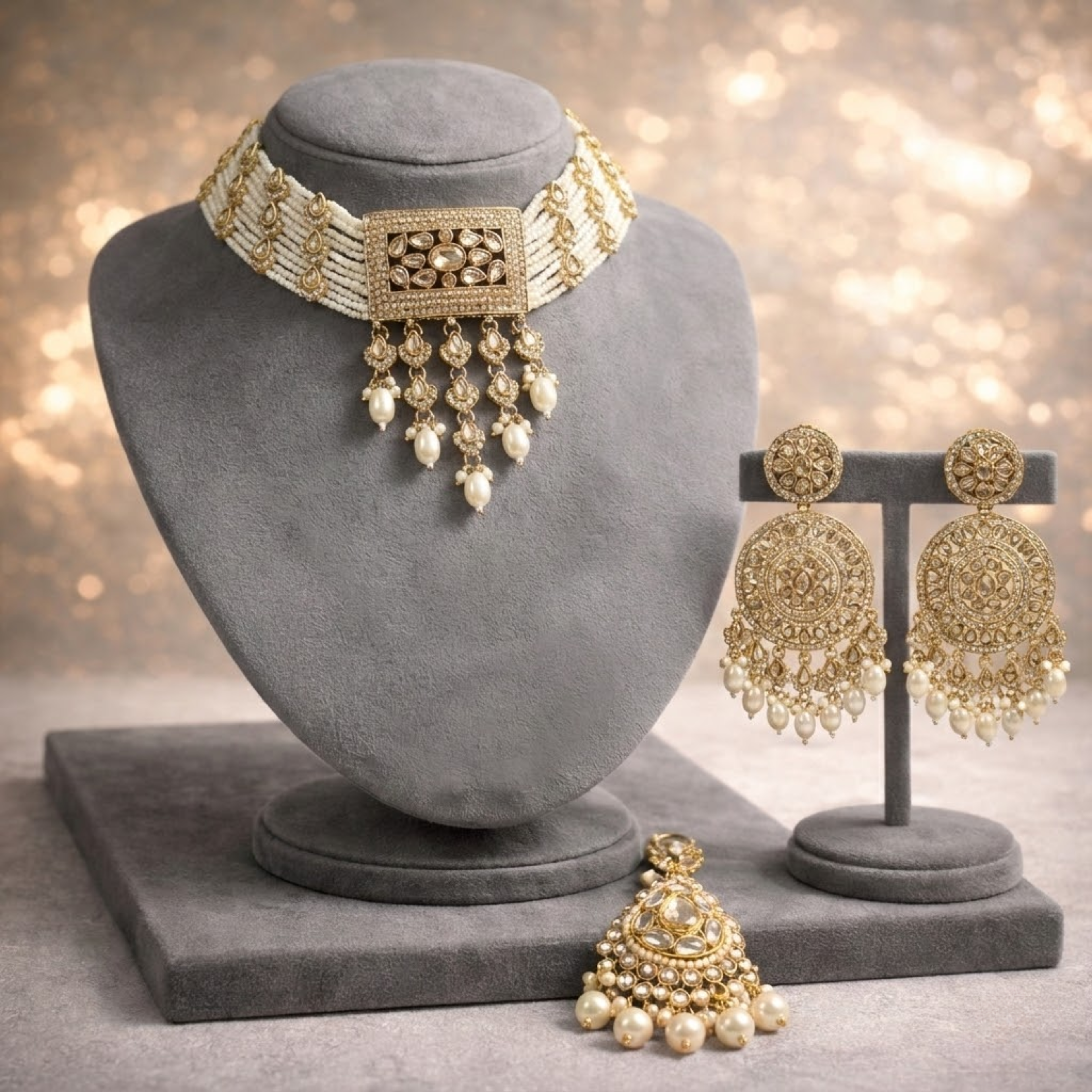 Luxury White & Champagne Gold Bridal Choker Jewellery Set